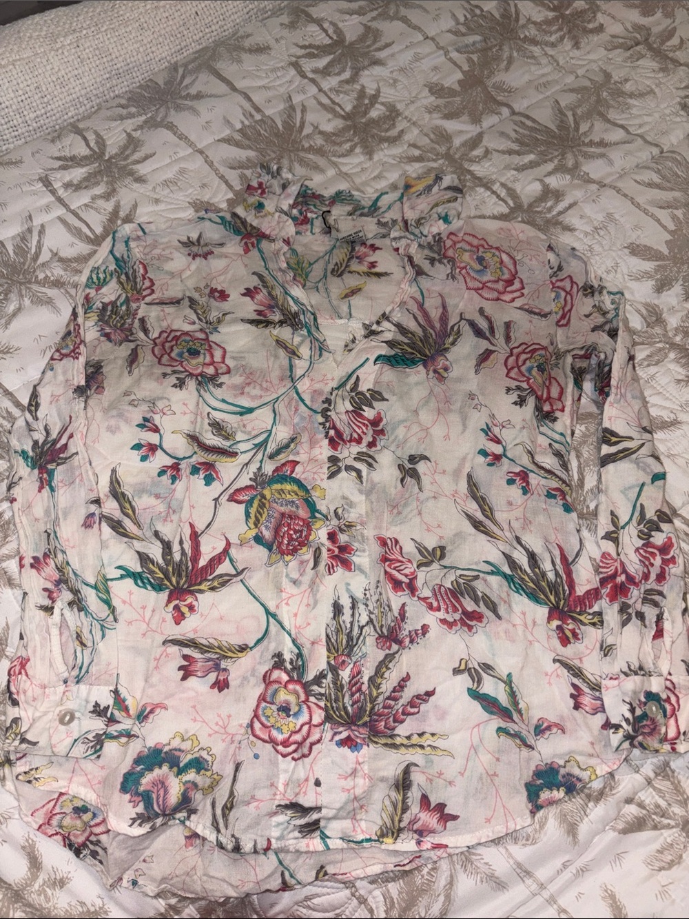 Floral Blouse Semi Sheer White with Multicolor Floral Print